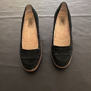UGG Kalie Gaucho Black Suede Wedge Heel with Shearling Lining - Size 7